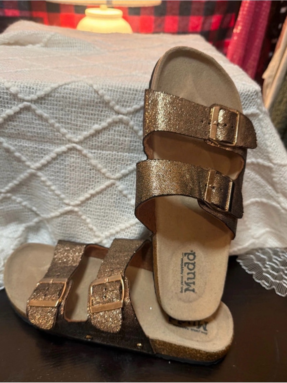 Mudd Double-Buckle Sparkle Sandals in Metallic Gold